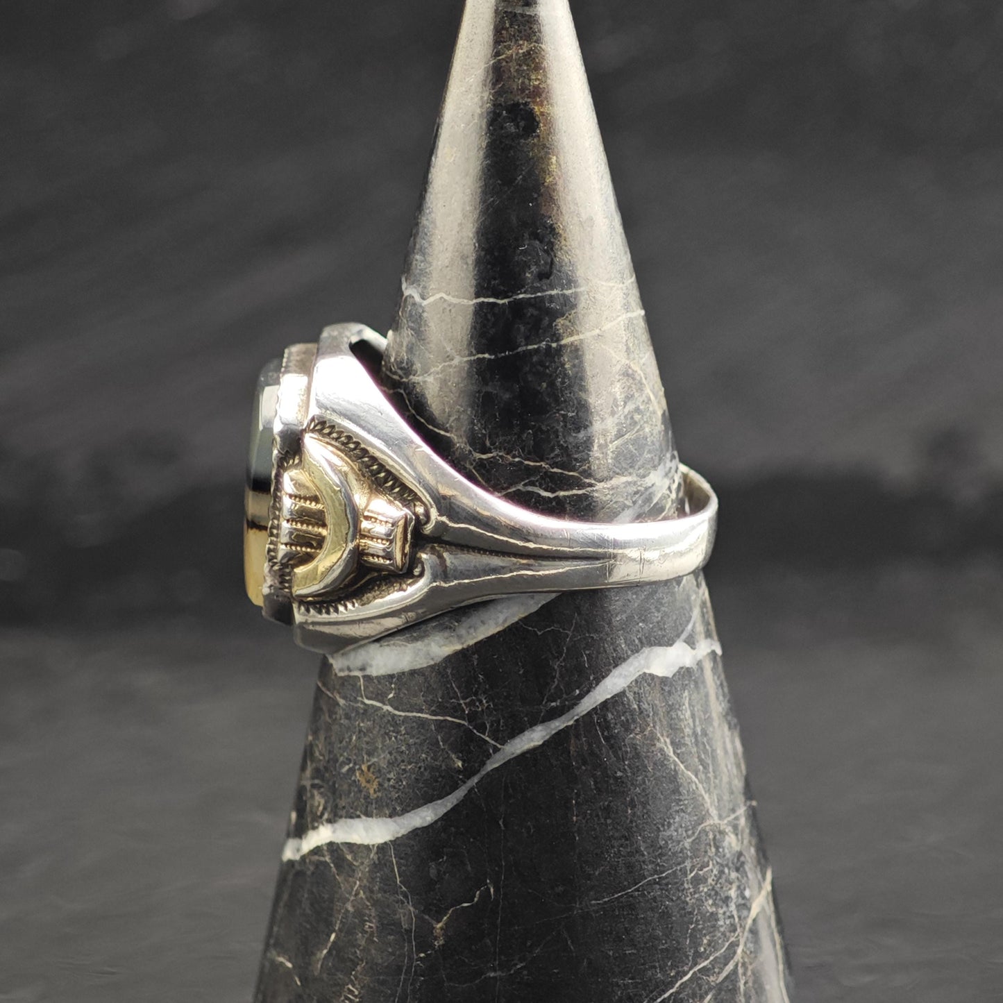 Art Deco Dendritic Moss Agate Signet Sterling Silver Ring Sz 11 1/2 R6719
