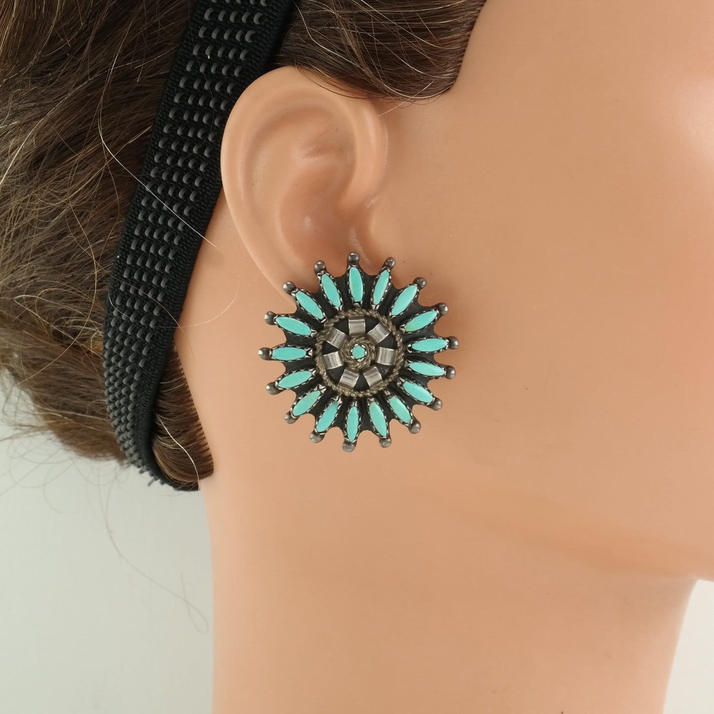 Native American Sterling Silver Blue Turquoise Petit Point, Floral Earrings Stud