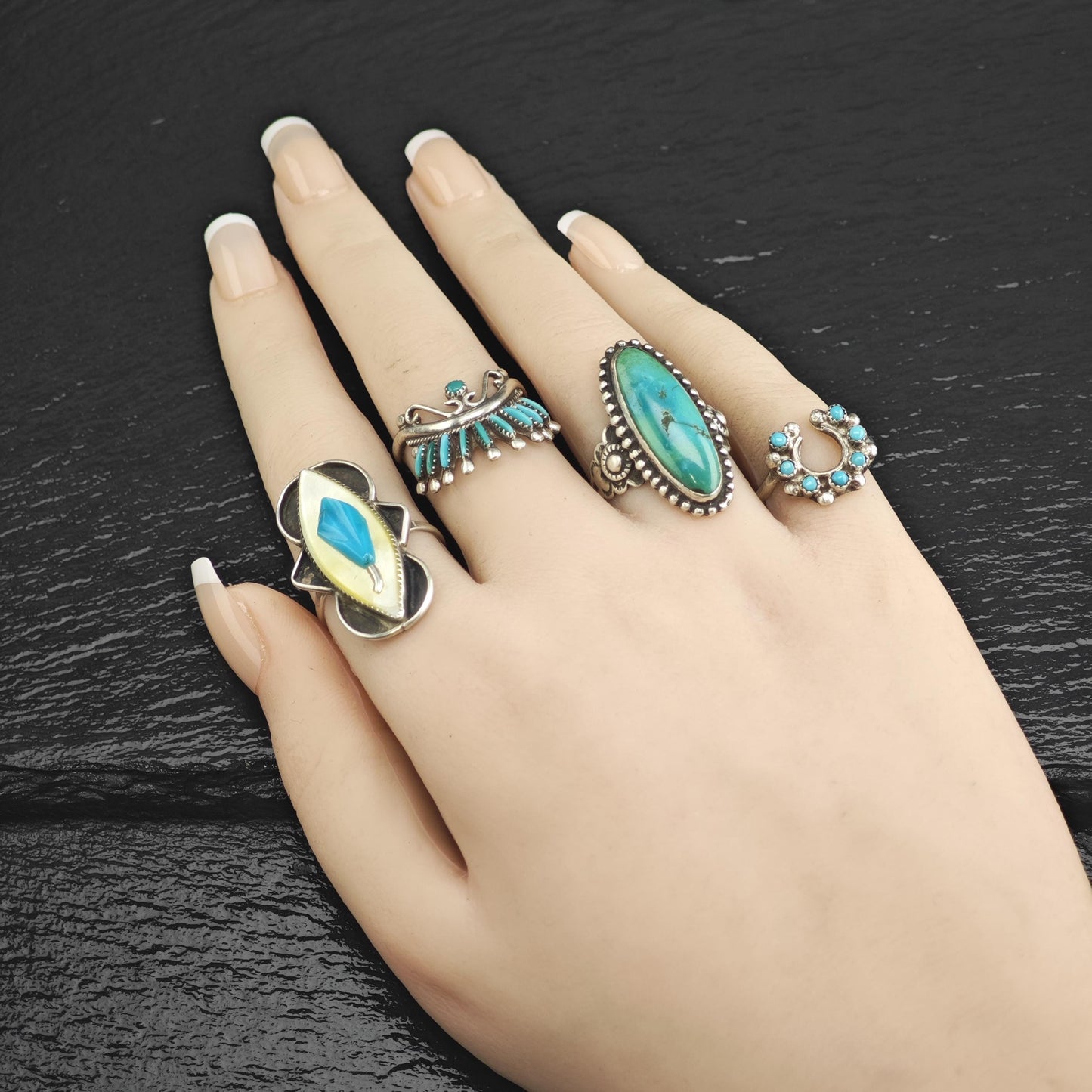 Vintage Native Petit Point Turquoise Horseshoe Shape Sterling Silver Ring Sz 6 3/4 R6662
