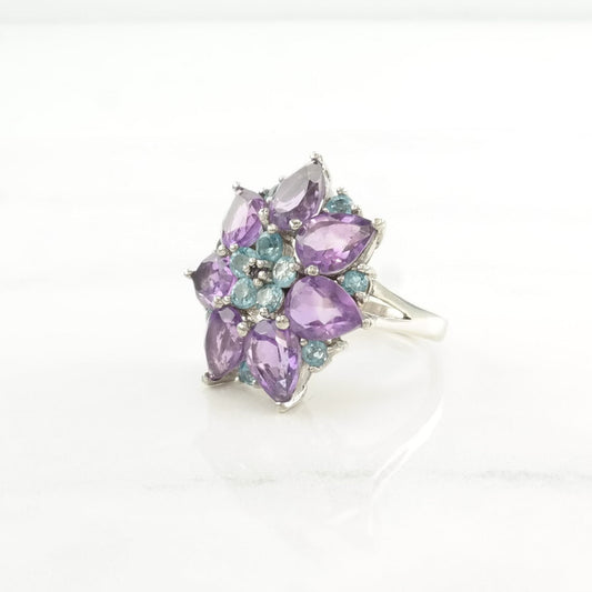 Sterling Silver Ring Amethyst, Topaz Floral Size 8 1/4