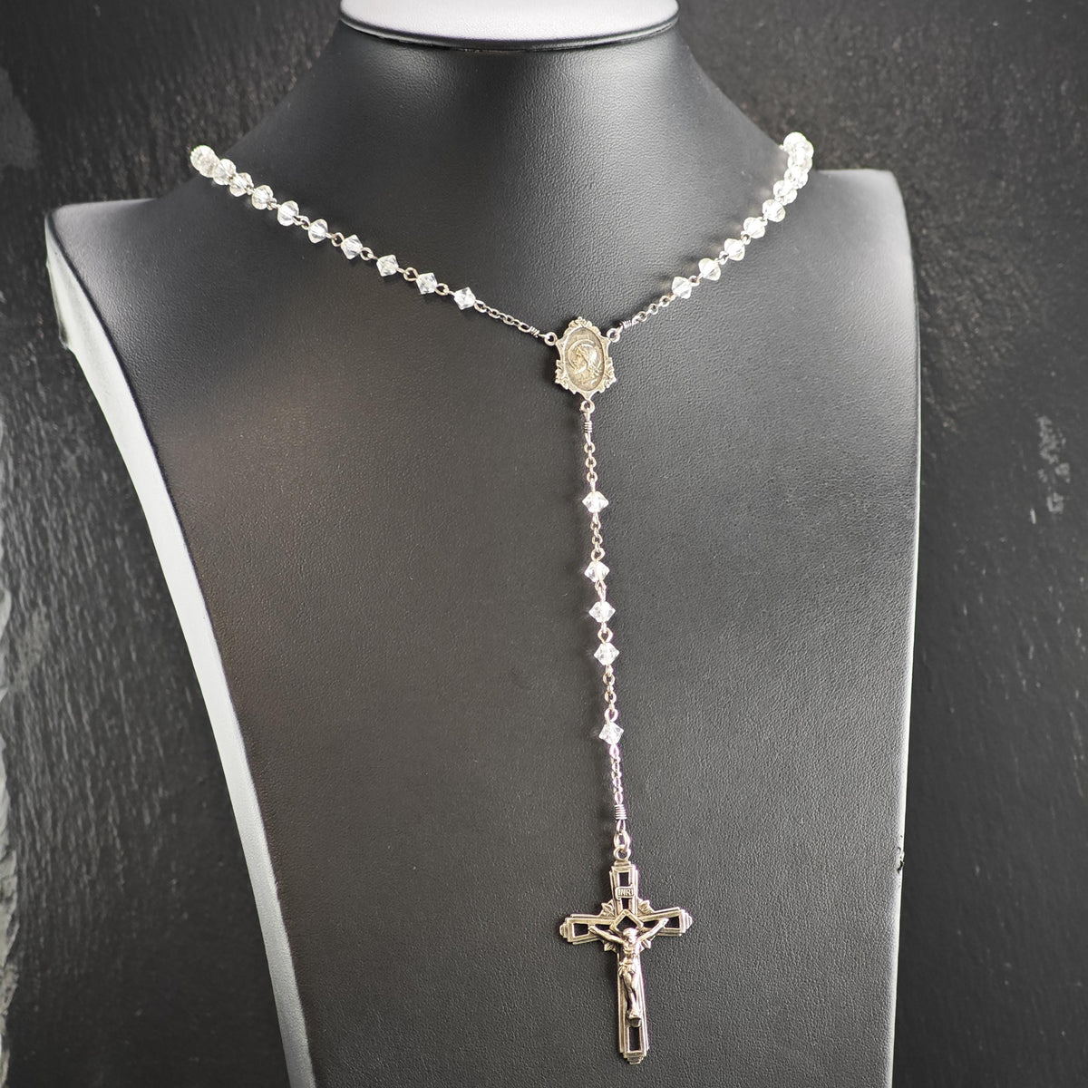 Vintage Clear Beaded Rosary Necklace Sterling Silver N2784