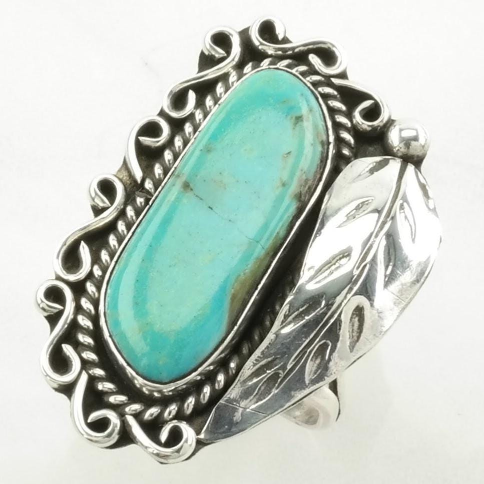 Vintage Native American Silver Ring Turquoise Leaf Sterling Blue Size 7