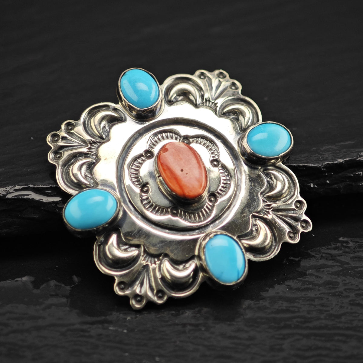 SW Turquoise & Spiney Oyster Brooch Sterling Silver B2241