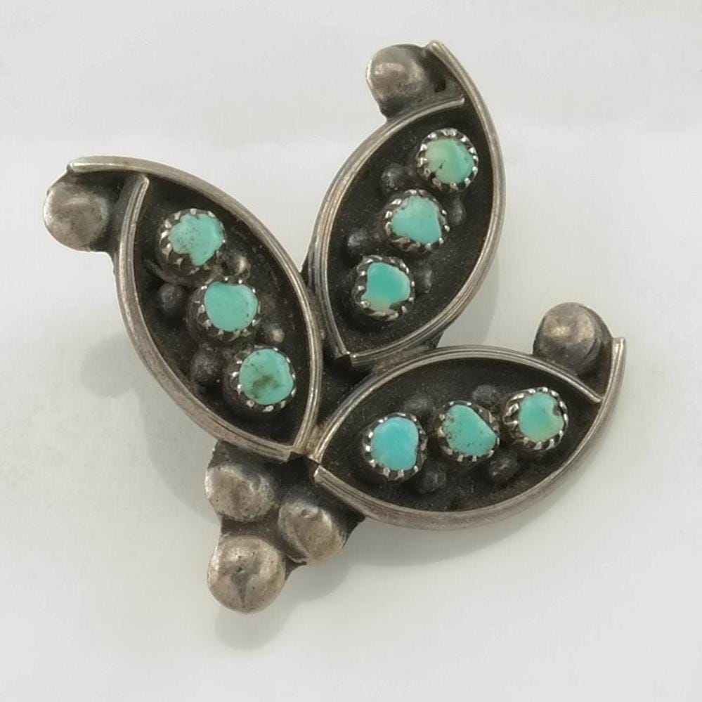 Native American Brooch Sterling Silver Floral Blue Turquoise