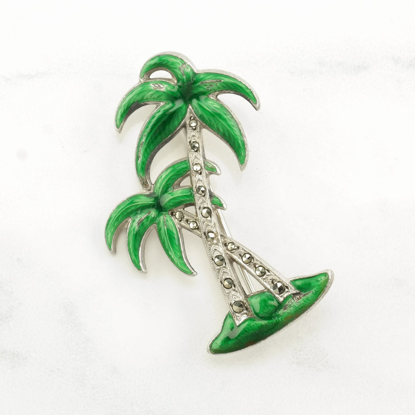 Green Enamel Silver Brooch Marcasite, Palm Tree Sterling