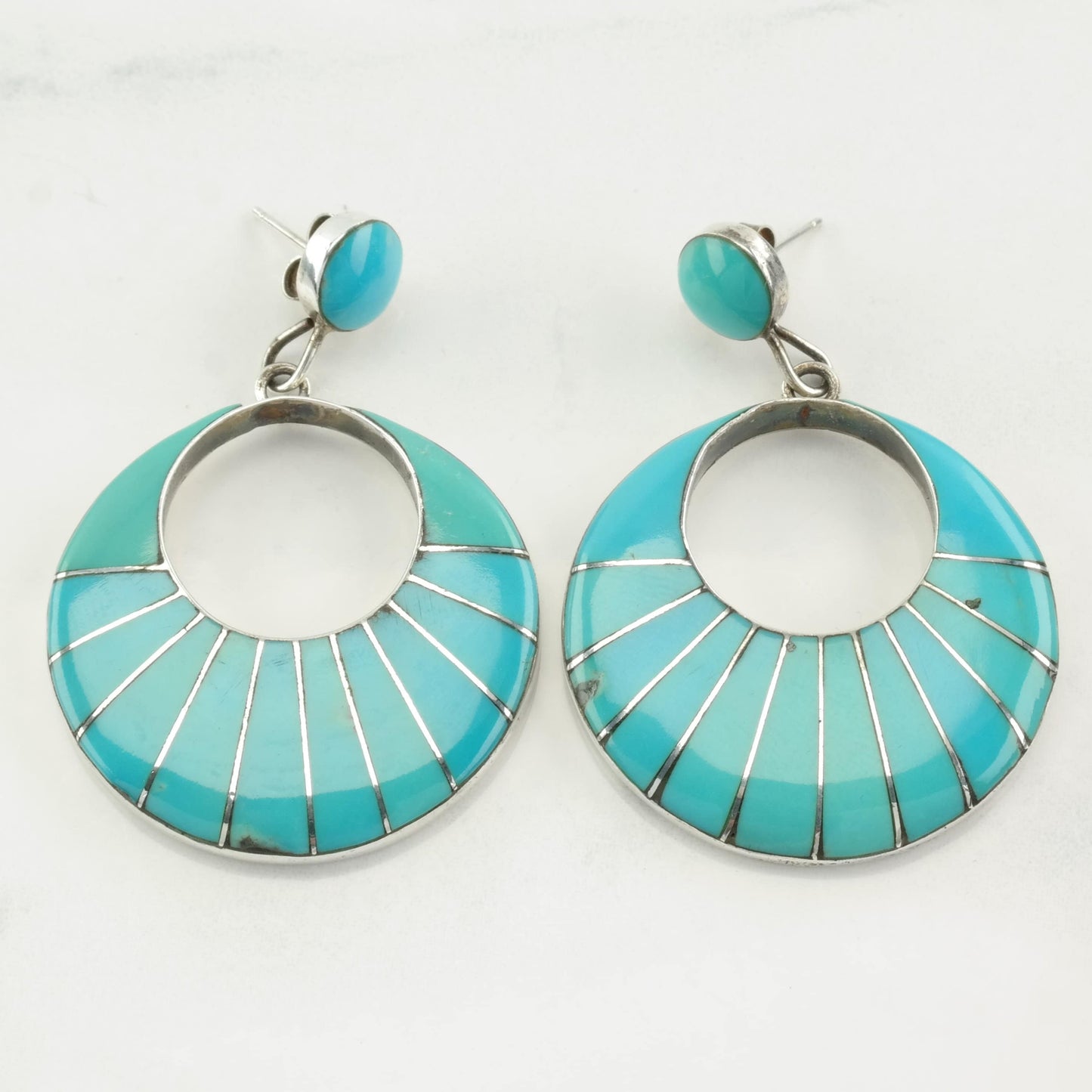 Native American Blue Turquoise Inlay Earrings Sterling Silver Stud, Dangle