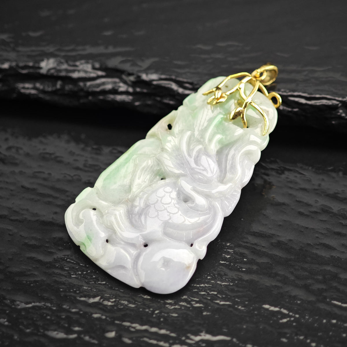 Carved Jadeite Jade 14K Yellow Gold Pendant P3102