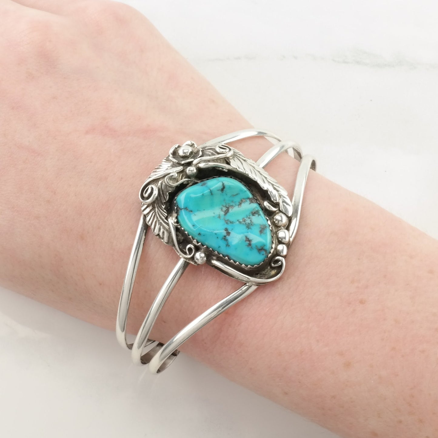 Native American Sterling Silver Cuff Bracelet Blue Turquoise Leaf, Sleeping Beauty