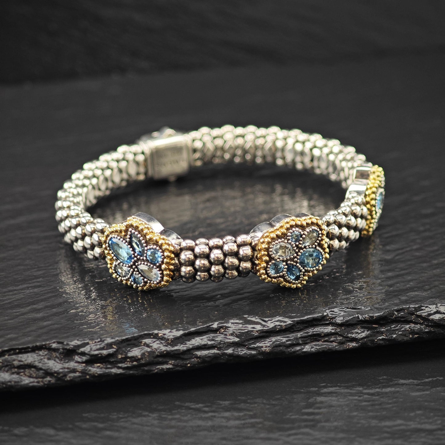 LAGOS 18K Yellow Gold, Blue Topaz Caviar Bracelet Sterling Silver Sz 6 1/4"