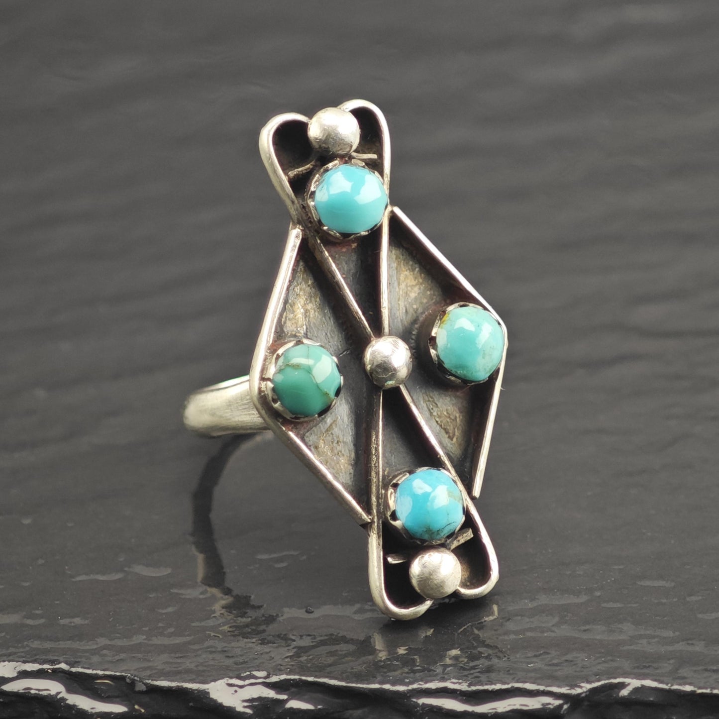 SW Turquoise Multistone & Silver Bead Sterling Silver Ring Sz 6 1/2 R6663
