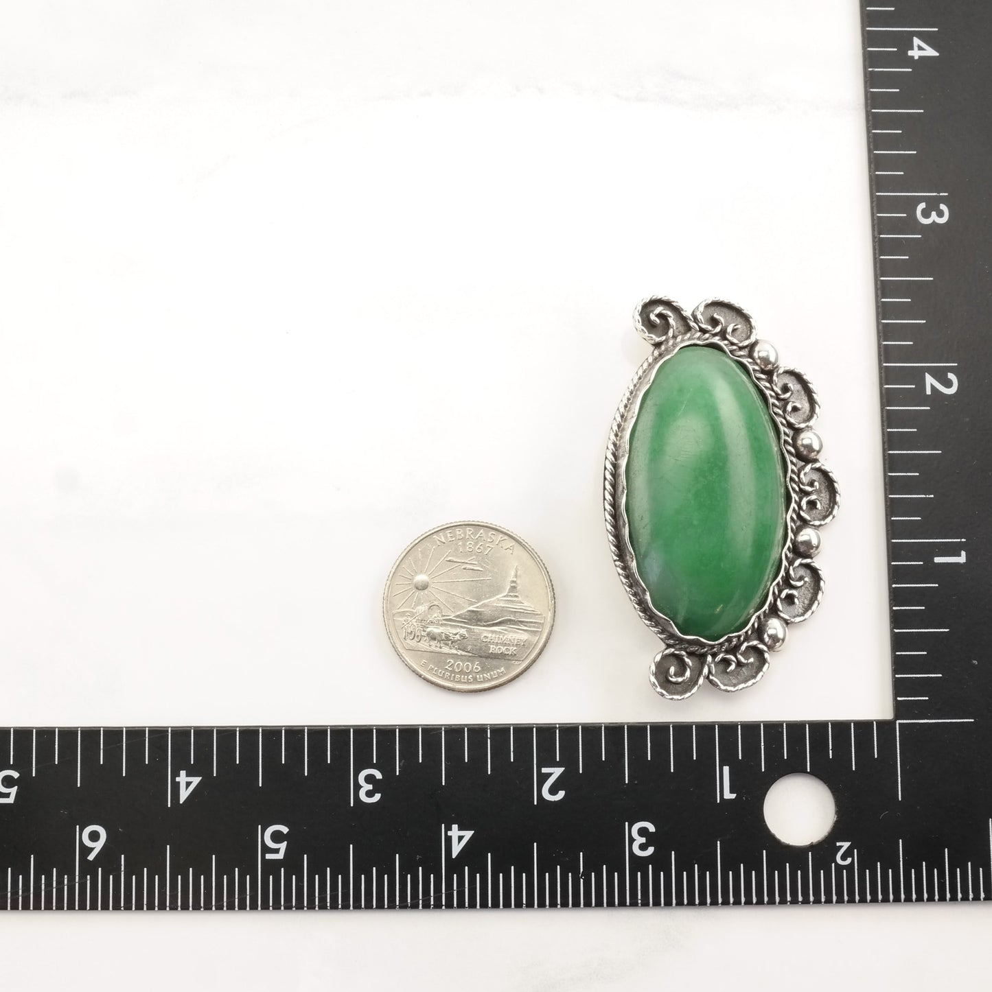 Taxco Sterling Silver Brooch Large Oval Guatemalan Jade