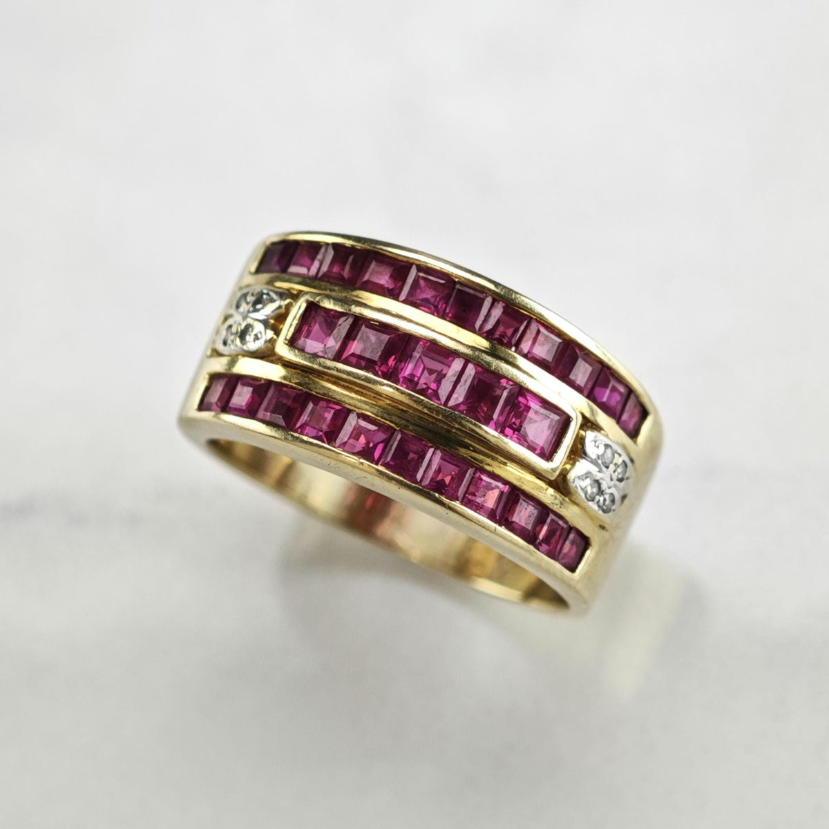 Natural Ruby & Diamond 14K Gold Wide Band Ring Sz 6 3/4 R6789