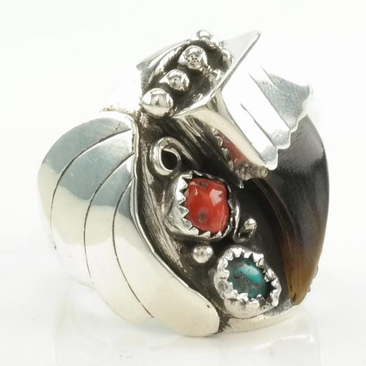 Vintage Native American Silver Ring Turquoise, Coral, Coyote Claw Leaf Sterling Blue, Red Size 11 1/2