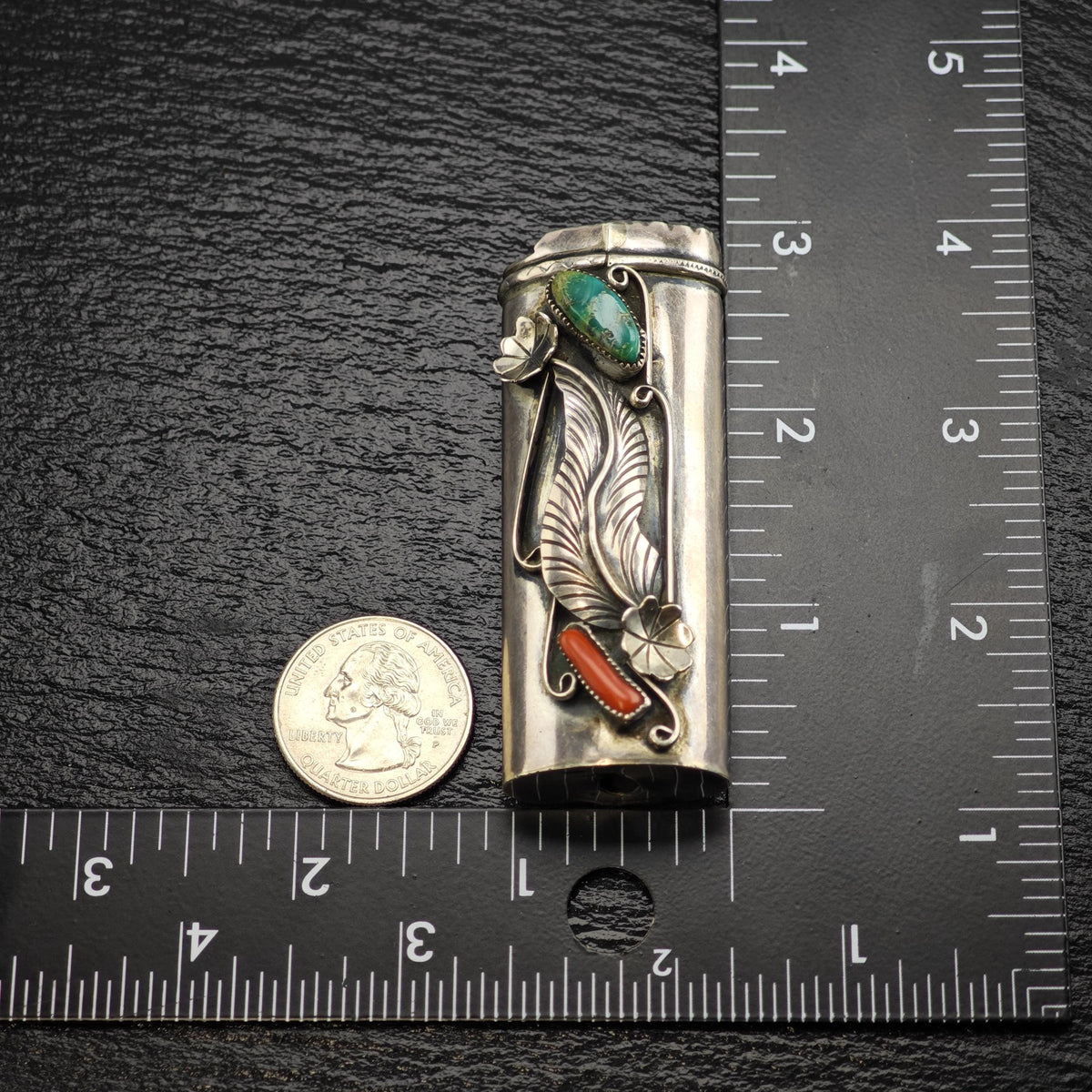 Native American Turquoise & Coral Flora Lighter Cover Sterling Silver MISC0399