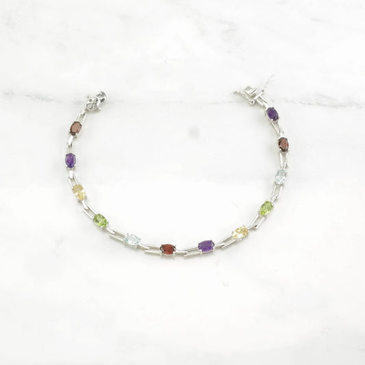 Vintage Sterling Silver Line Bracelet Amethyst, Peridot, Citrine, Topaz