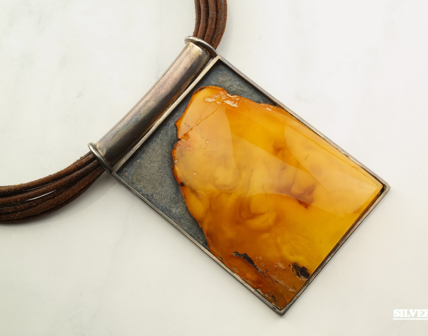 Modernist Amber, Leather and Sterling Silver Necklace