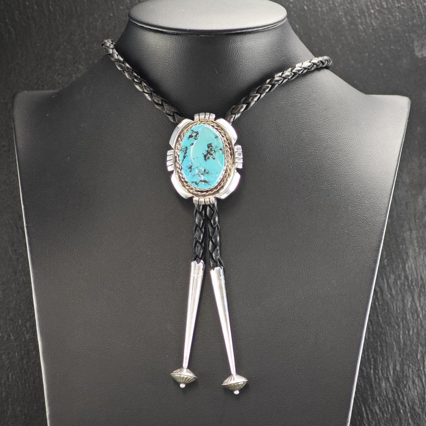 Vintage Native American Sterling Silver Sleeping Beauty Turquoise Bolo Tie Necklace N2745