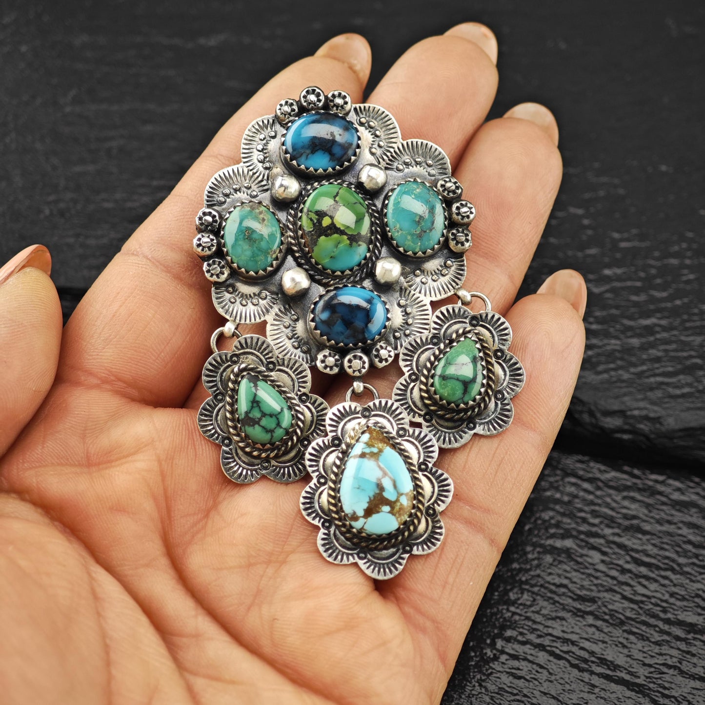 Native American Turquoise Brooch, Floral Stamped Sterling Silver