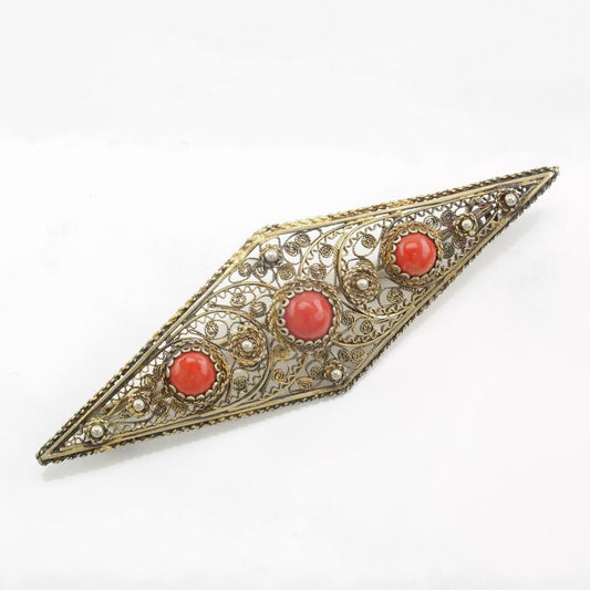 Italian Sterling Silver Brooch Filigree, Gold Tone Coral