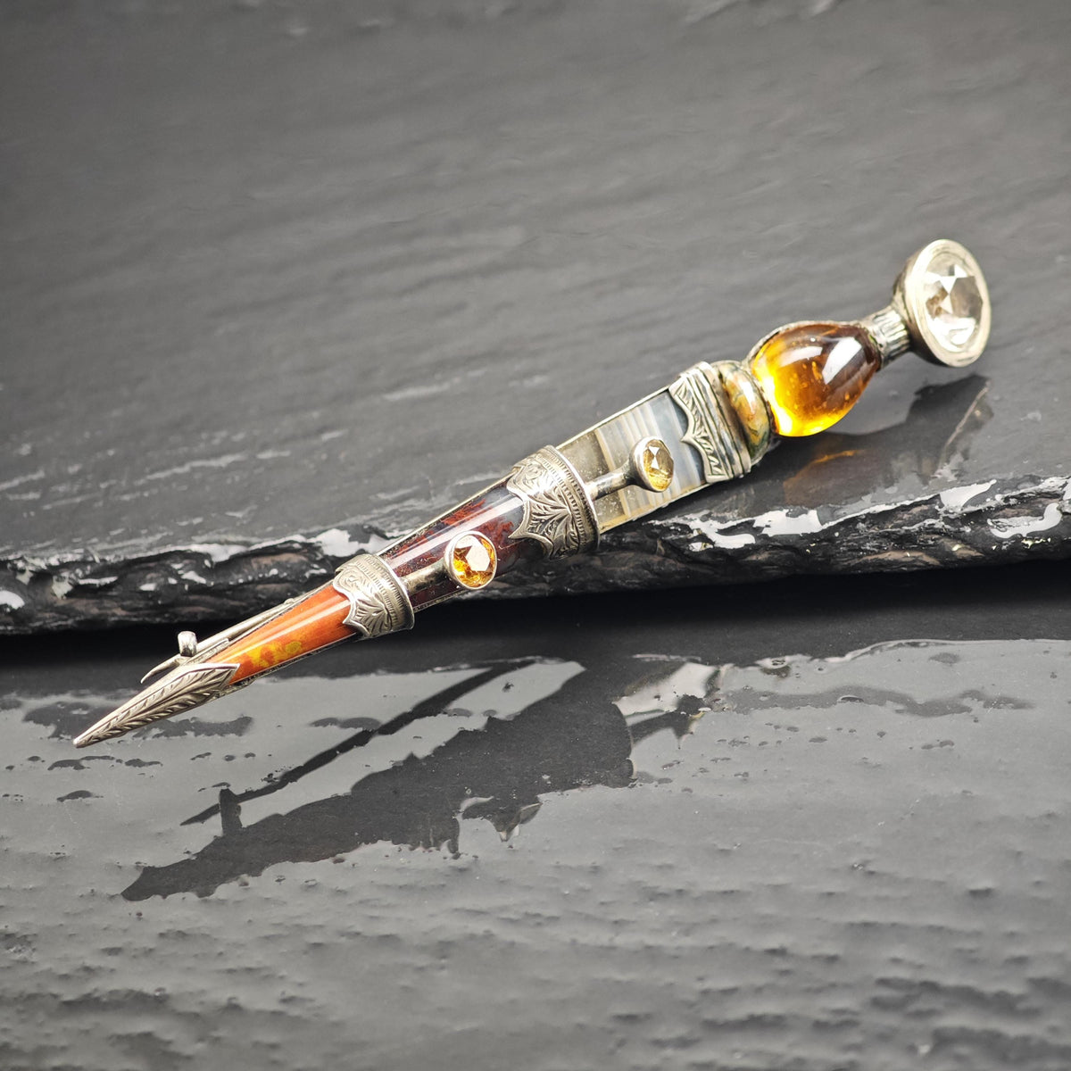 Scottish Agate, Citrine Spire Dirk Kilt Brooch Sterling Silver B2248