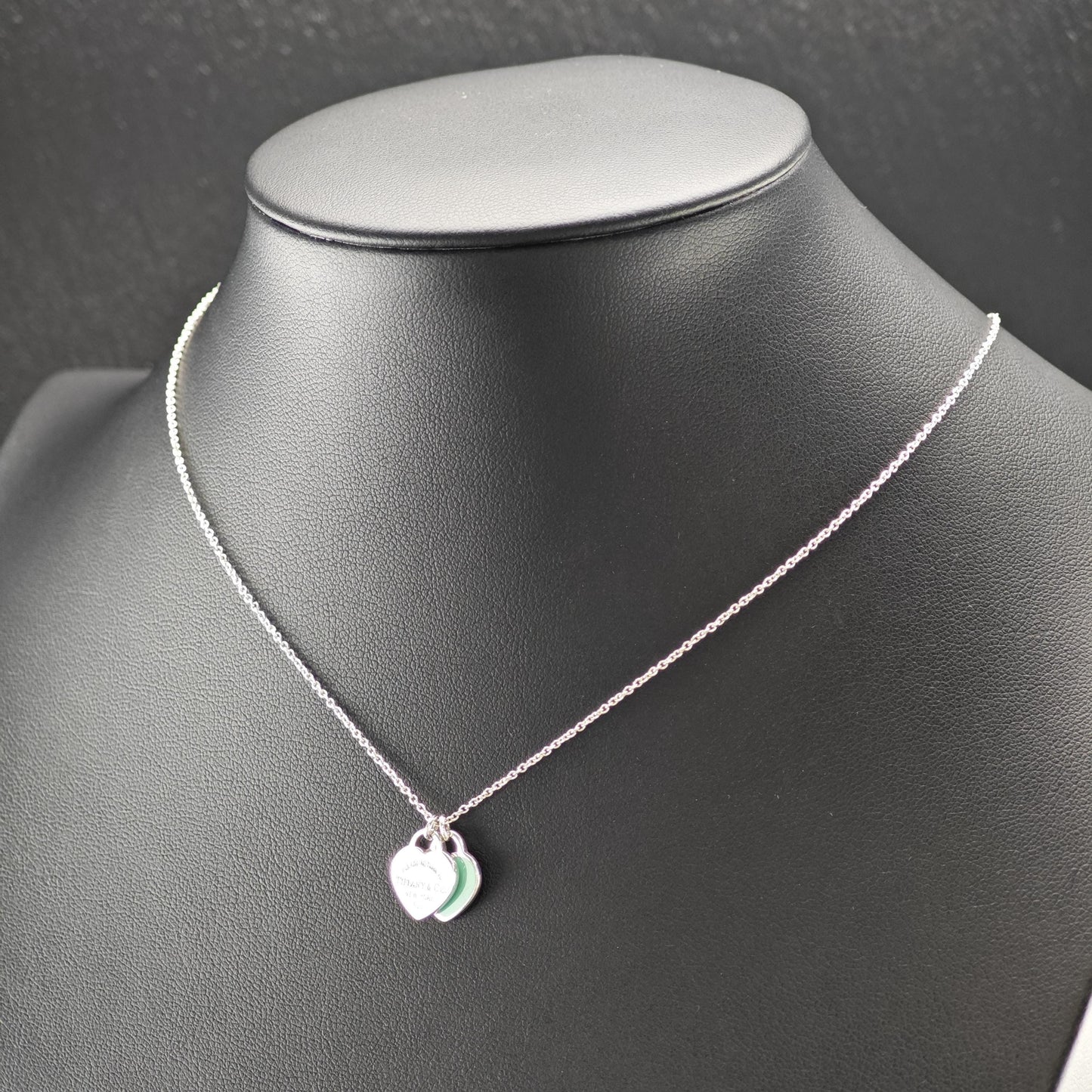 Vintage Tiffany Sterling Silver Teal Double Heart Enamel Necklace