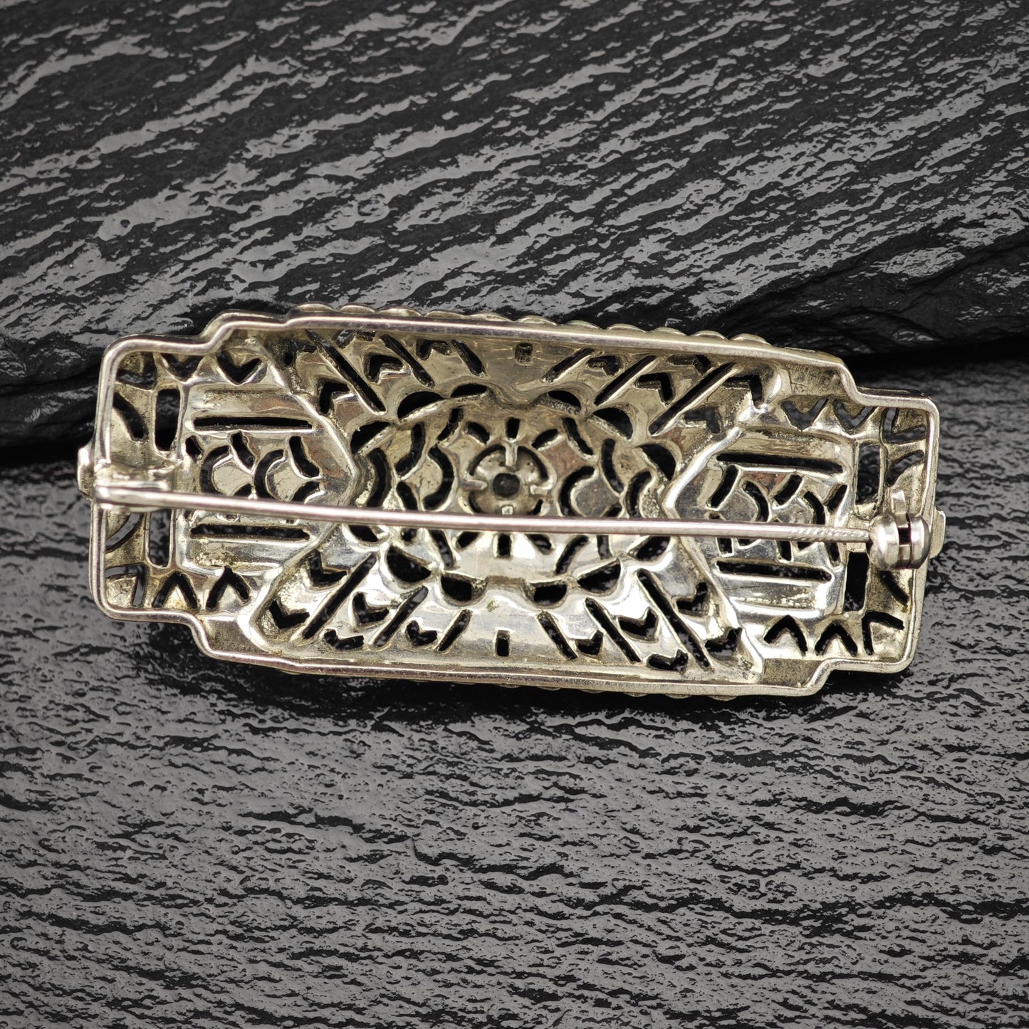 Art Deco Sterling Silver Brooch Filigree White Paste
