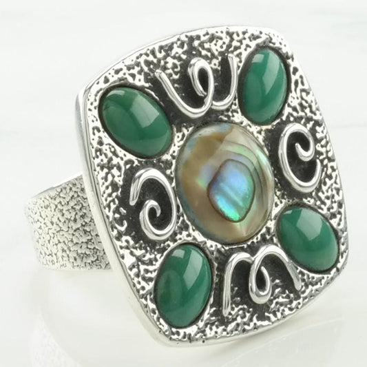 Vintage Carolyn Pollack Silver Ring Abalone, Turquoise Scroll Sterling Green Size 9