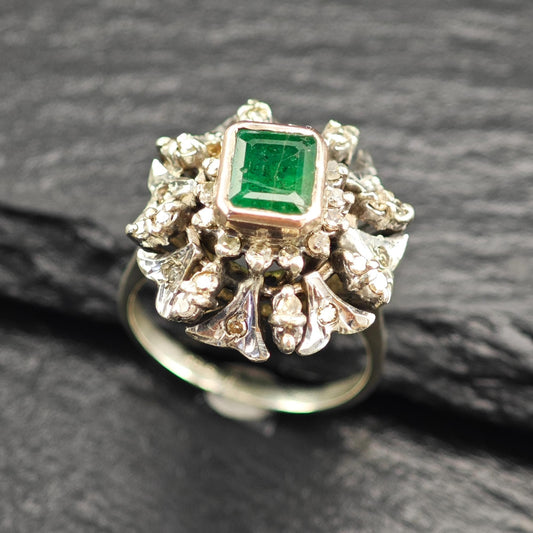 1ct Emerald Diamond Ring Sterling Silver Gold Bezel