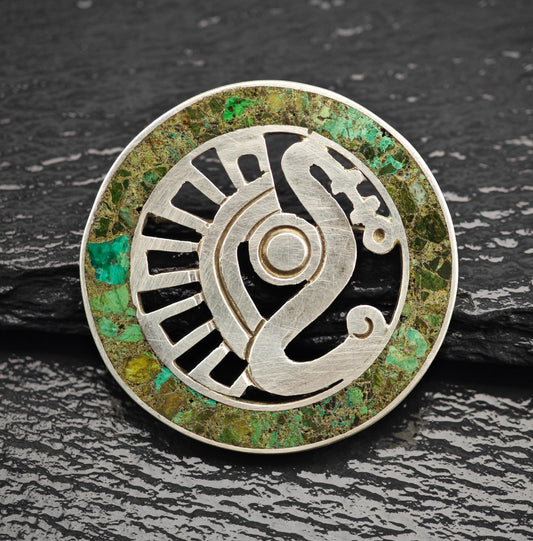 Vintage Taxco Green Chrysocolla Inlay Sterling Silver Brooch