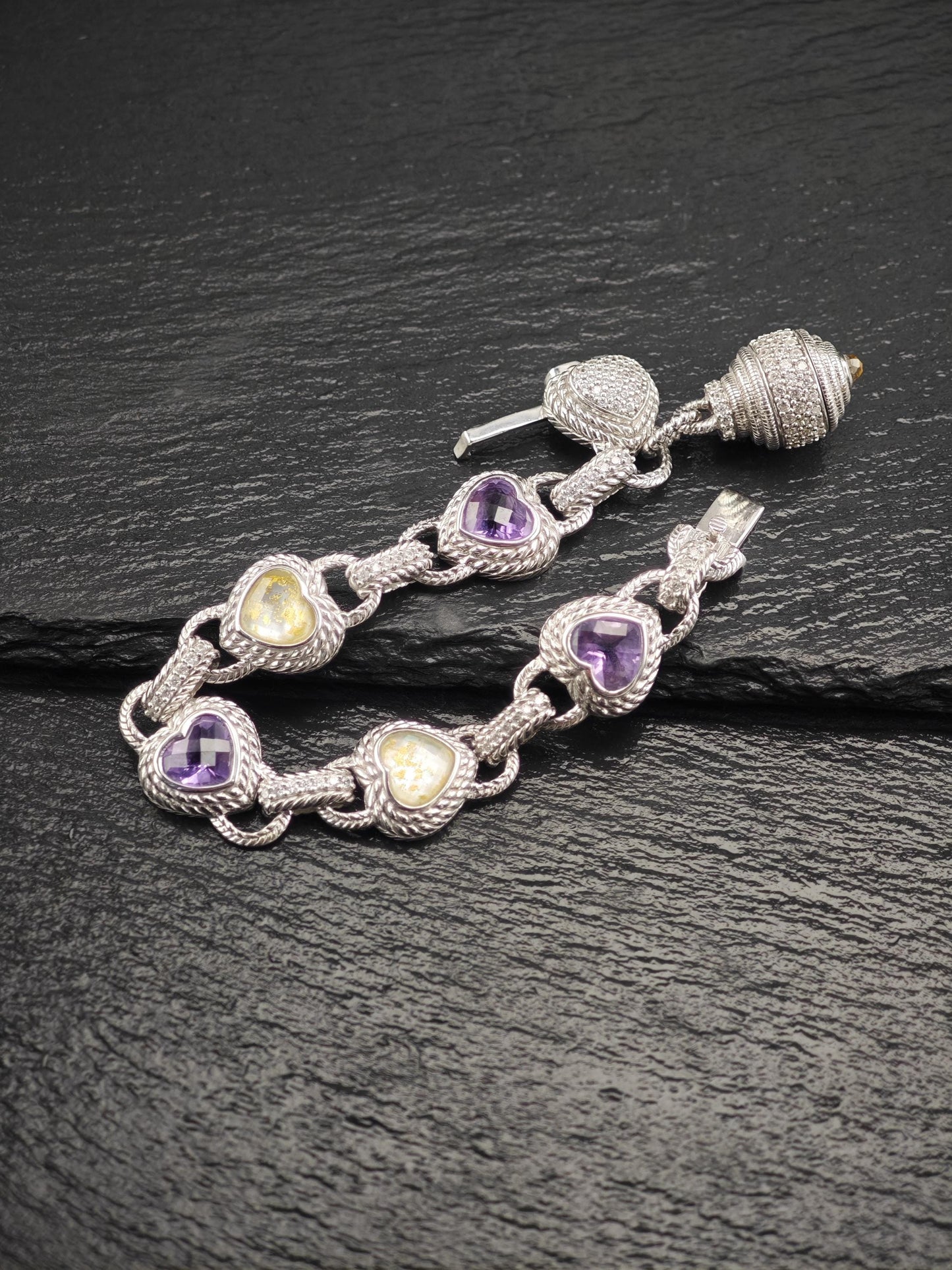 Judith Ripka Amethyst Heart & Doublet Link Bracelet Sterling Silver
