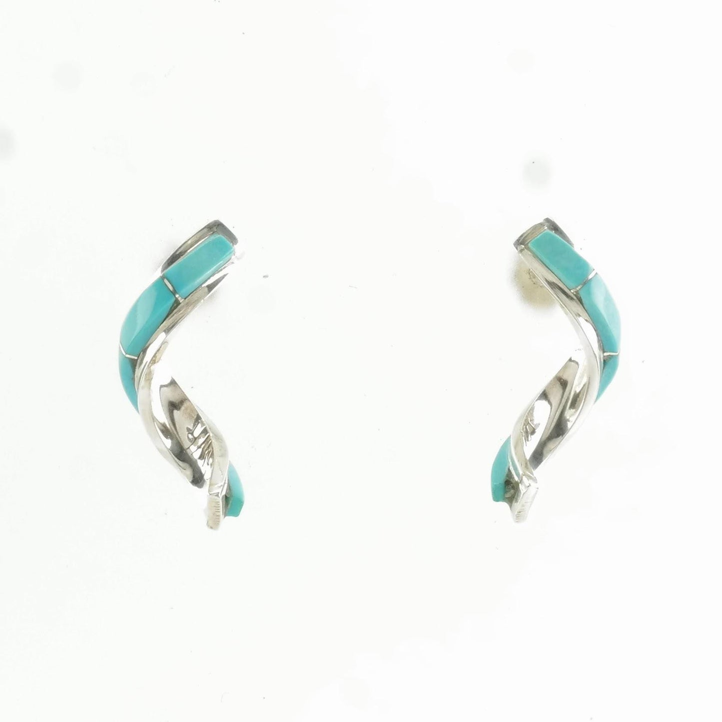 Vintage Sterling Silver Stud Earrings Blue Turquoise Inlay, Twisted