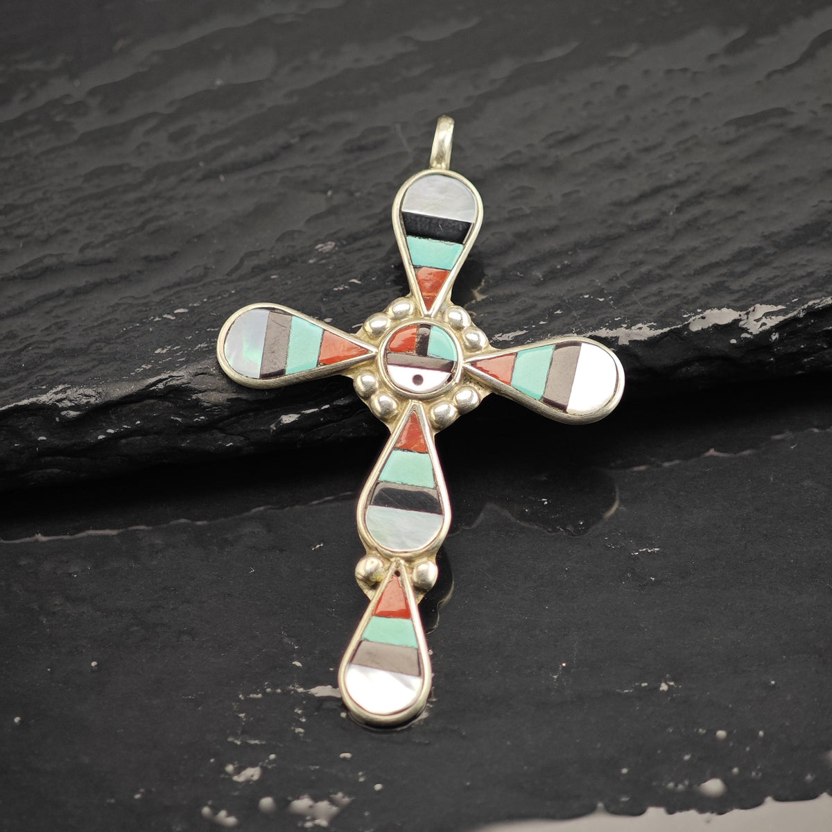 Zuni Sunface Multistone Inlay Cross Sterling Silver Pendant P3139