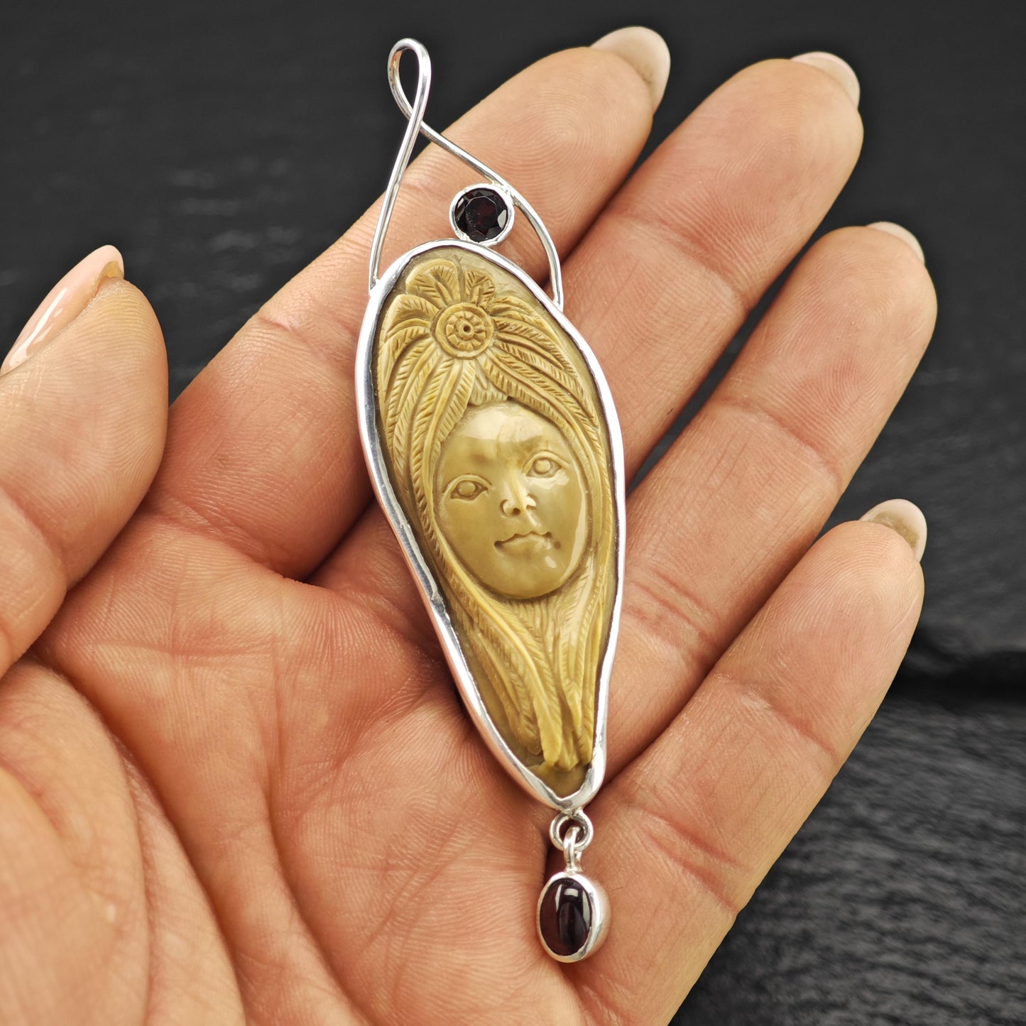 Carved Goddess Face, Garnet Pendant Sterling Silver P2816