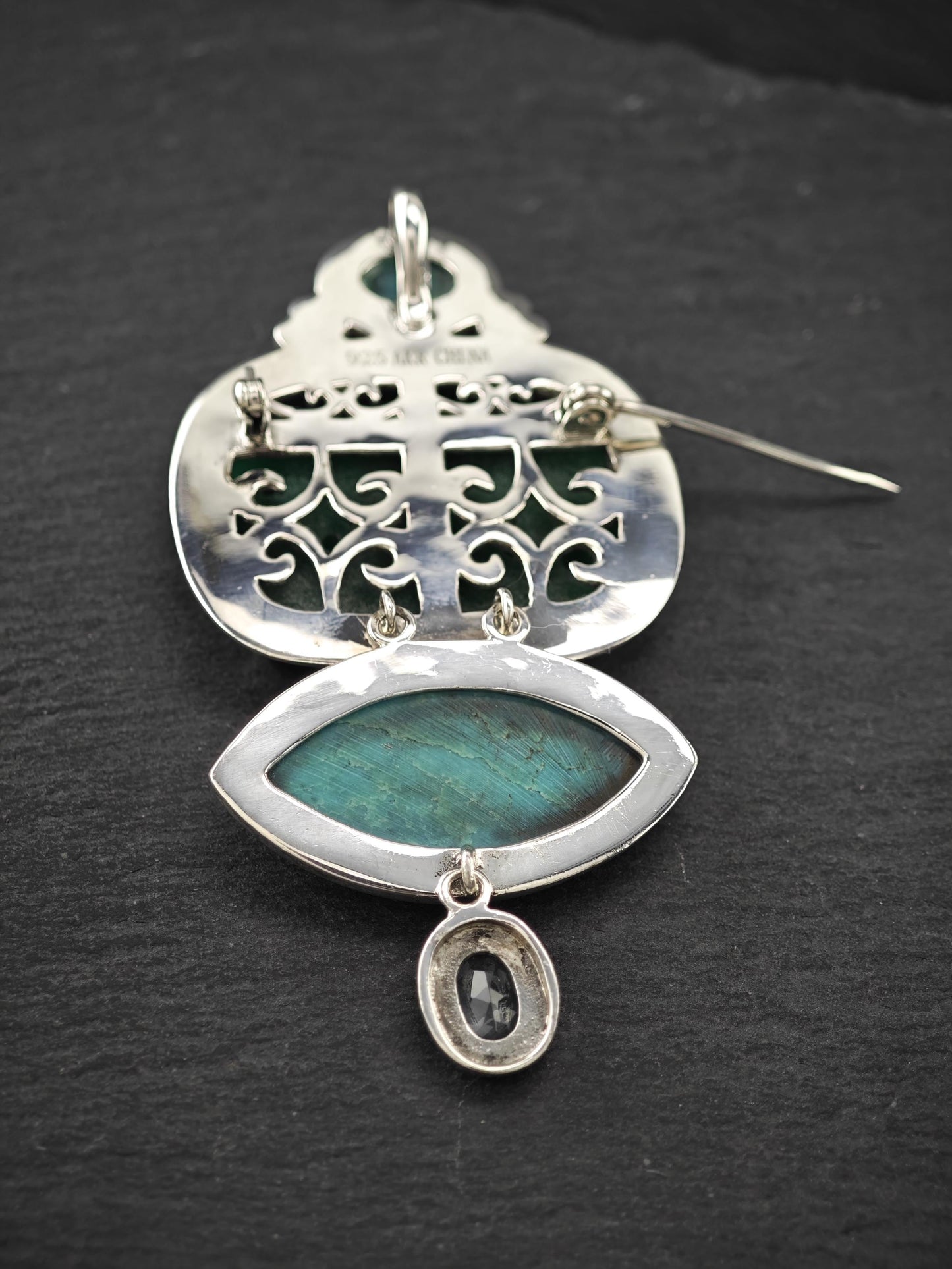 AKR Pendant Turquoise Carved Jade Quartzite Brooch Sterling Silver