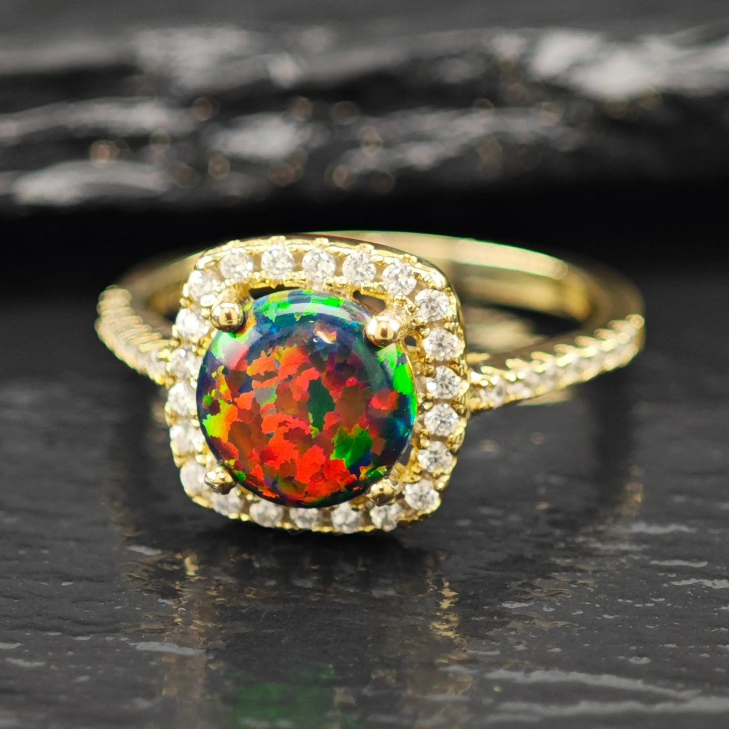 Lab Black Opal Halo 14K Gold Plated Ring Sterling Silver Sz 7 1/2 R6178