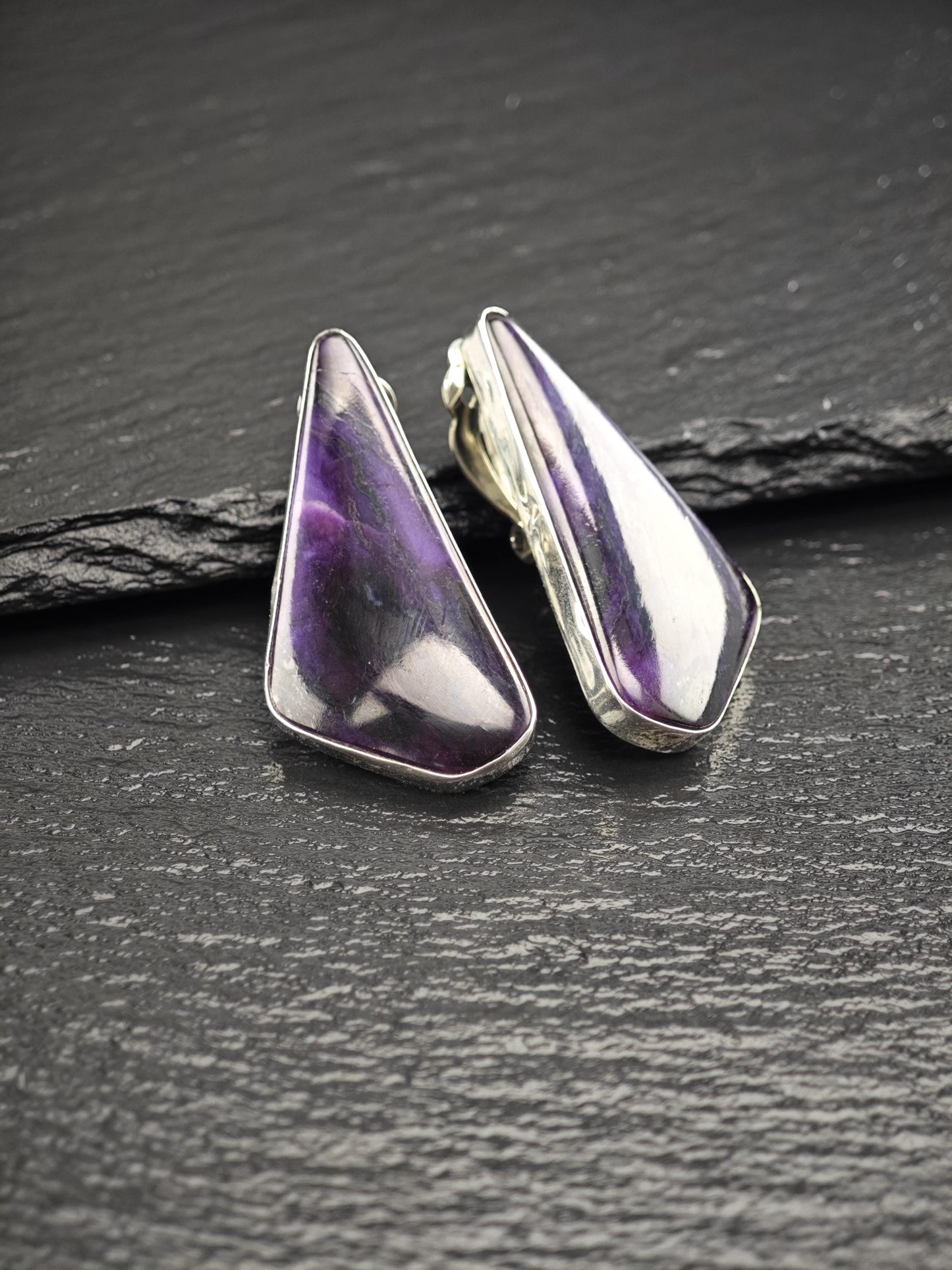 Vintage Purple Sugilite Sterling Silver Clip-On Earrings - Unique Abstract Design