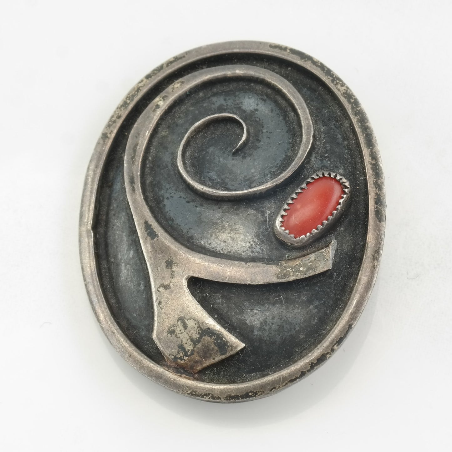 Native American Brooch Abstract, Overlay Red Coral Sterling Silver