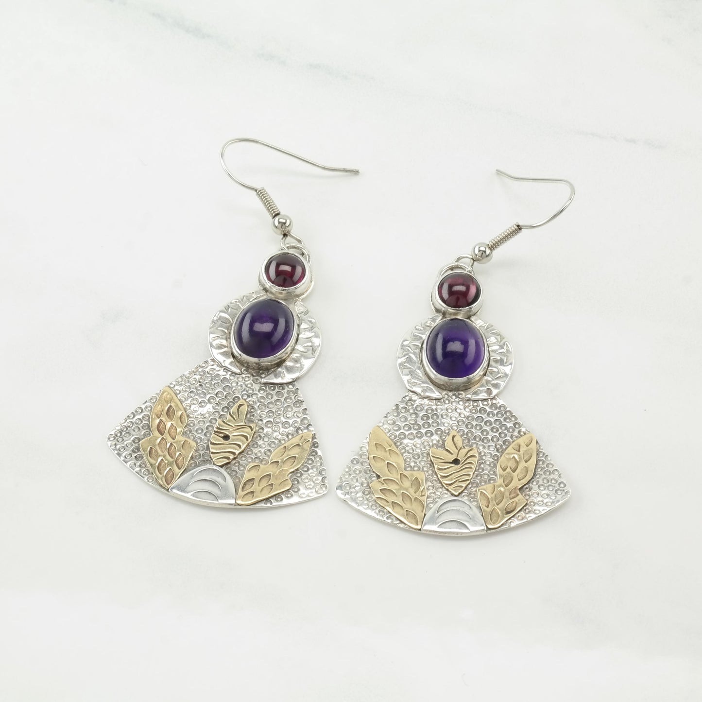 Vintage Studio Gold tone Amethyst, Garnet, Large Angel Shape Sterling Silver Fish Hook Earrings