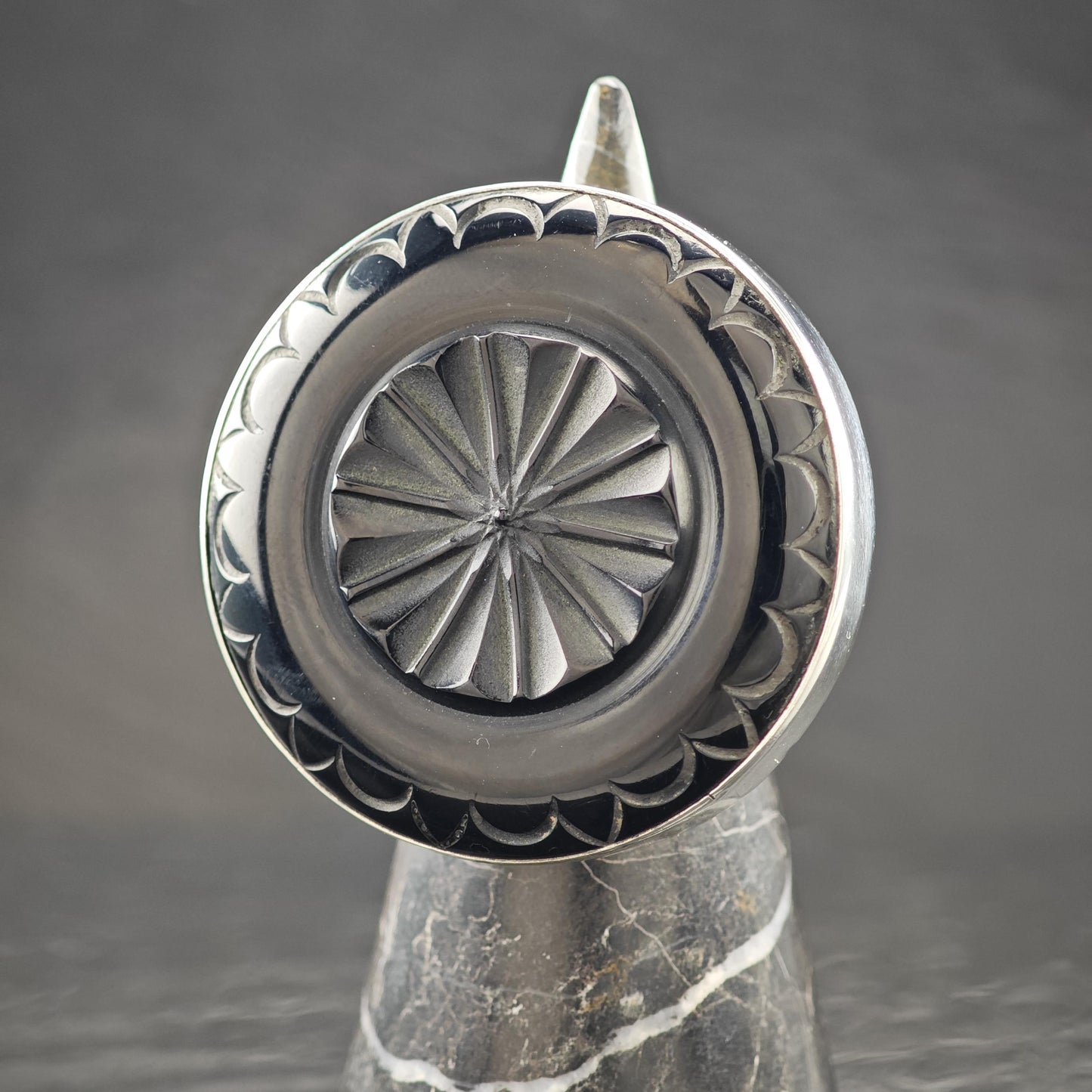 Large Carved Black Gemstone Ring Sterling Silver Size 9