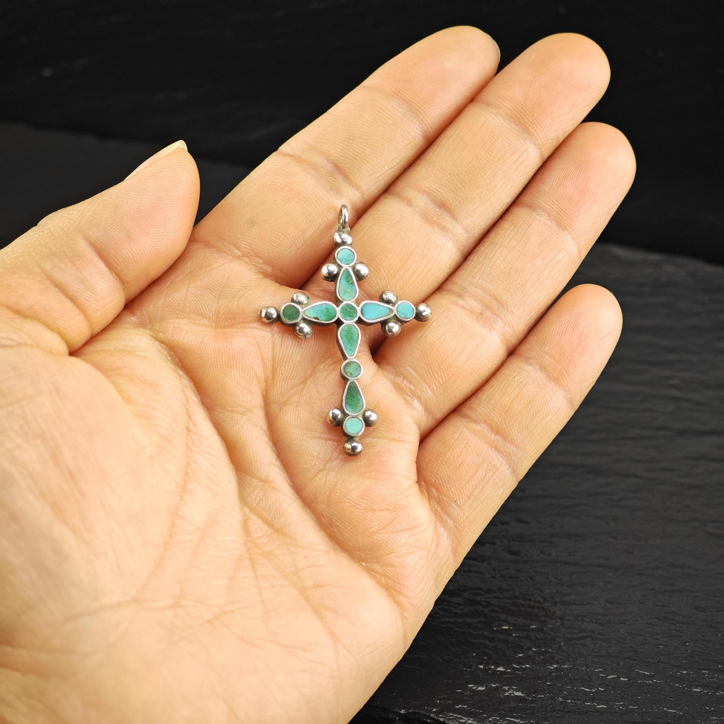 Vintage Zuni Inlay Turquoise Cross Pendant Sterling Silver P3033