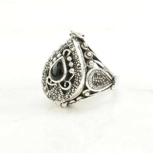 Sterling Silver Ring Onyx, Marcasite Poison Ring Size 6 3/4