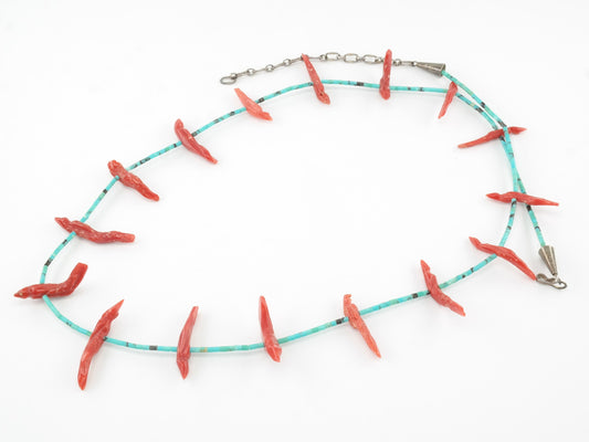 Zuni Carved Coral, Turquoise Heishi Sterling Silver Fetish Necklace