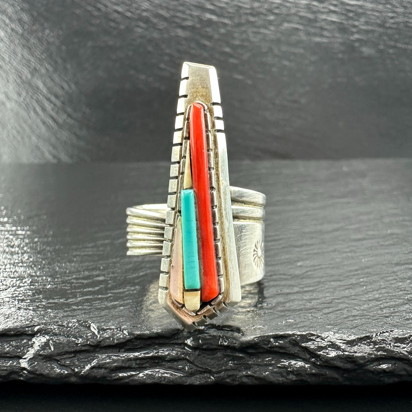David Tune Inlay Ring Coral Turquoise Sterling Silver MOP R5809