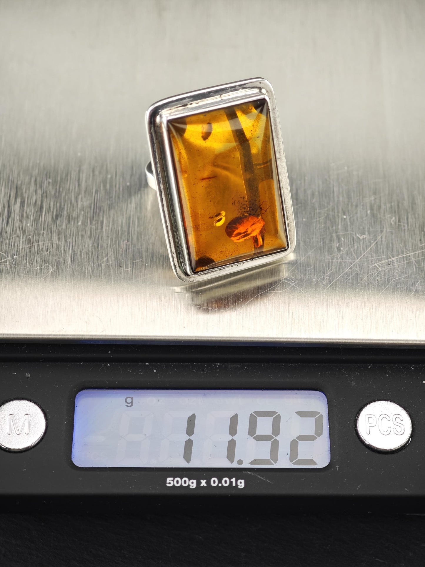 Large Rectangular Amber Ring Sterling Silver