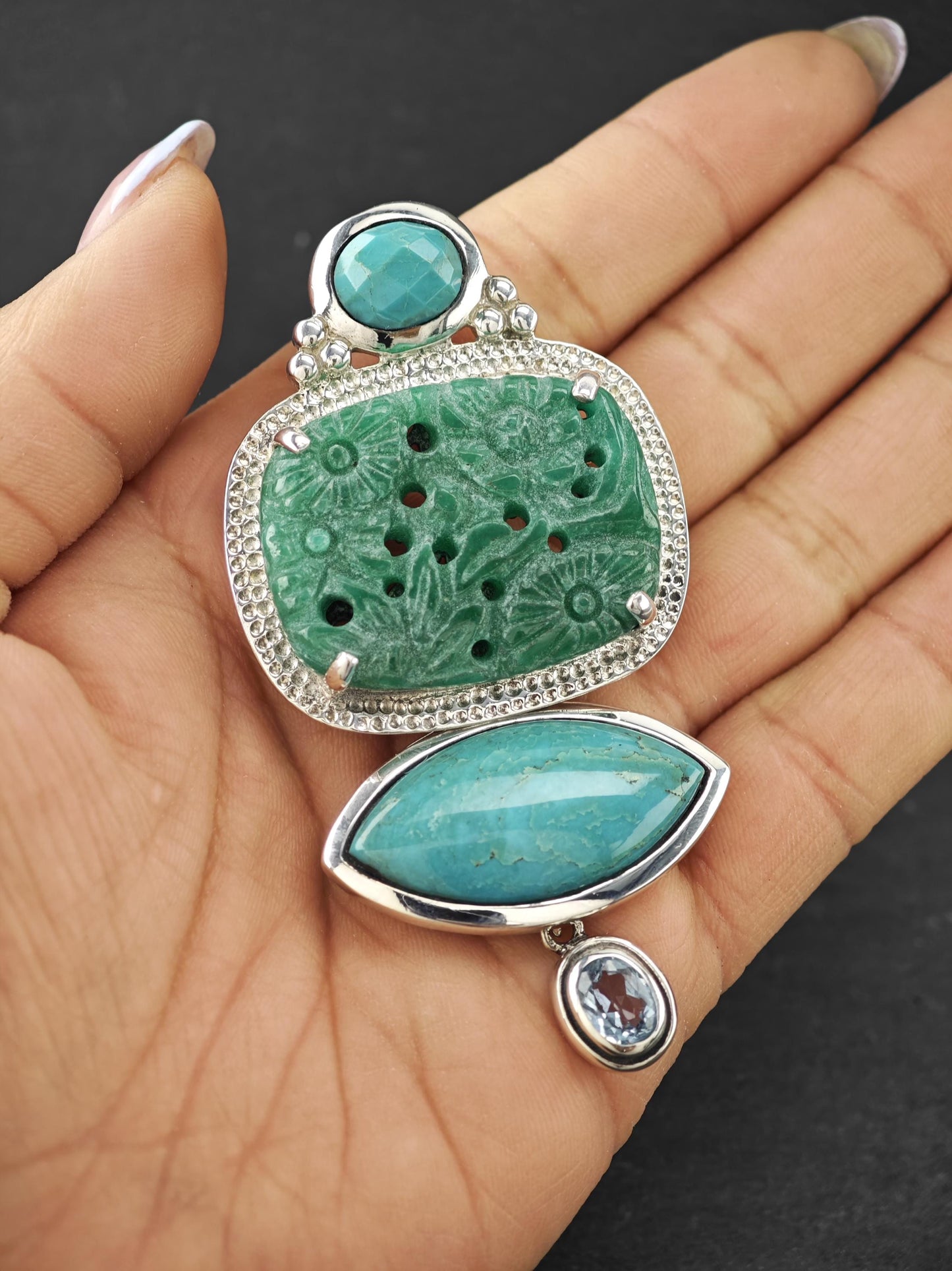 AKR Pendant Turquoise Carved Jade Quartzite Brooch Sterling Silver