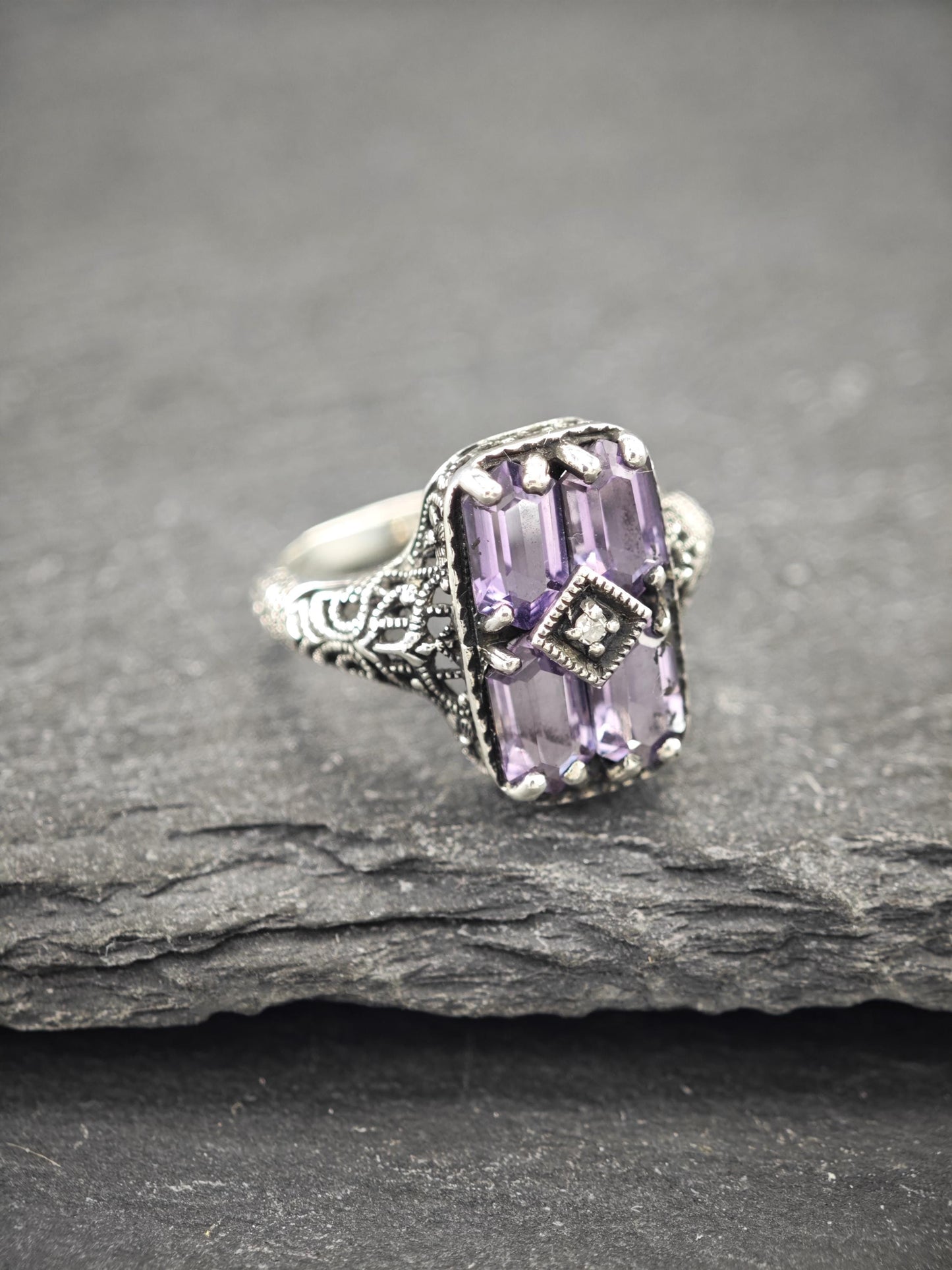 Art Deco Style Amethyst, Diamond Chip Ring Sterling Silver