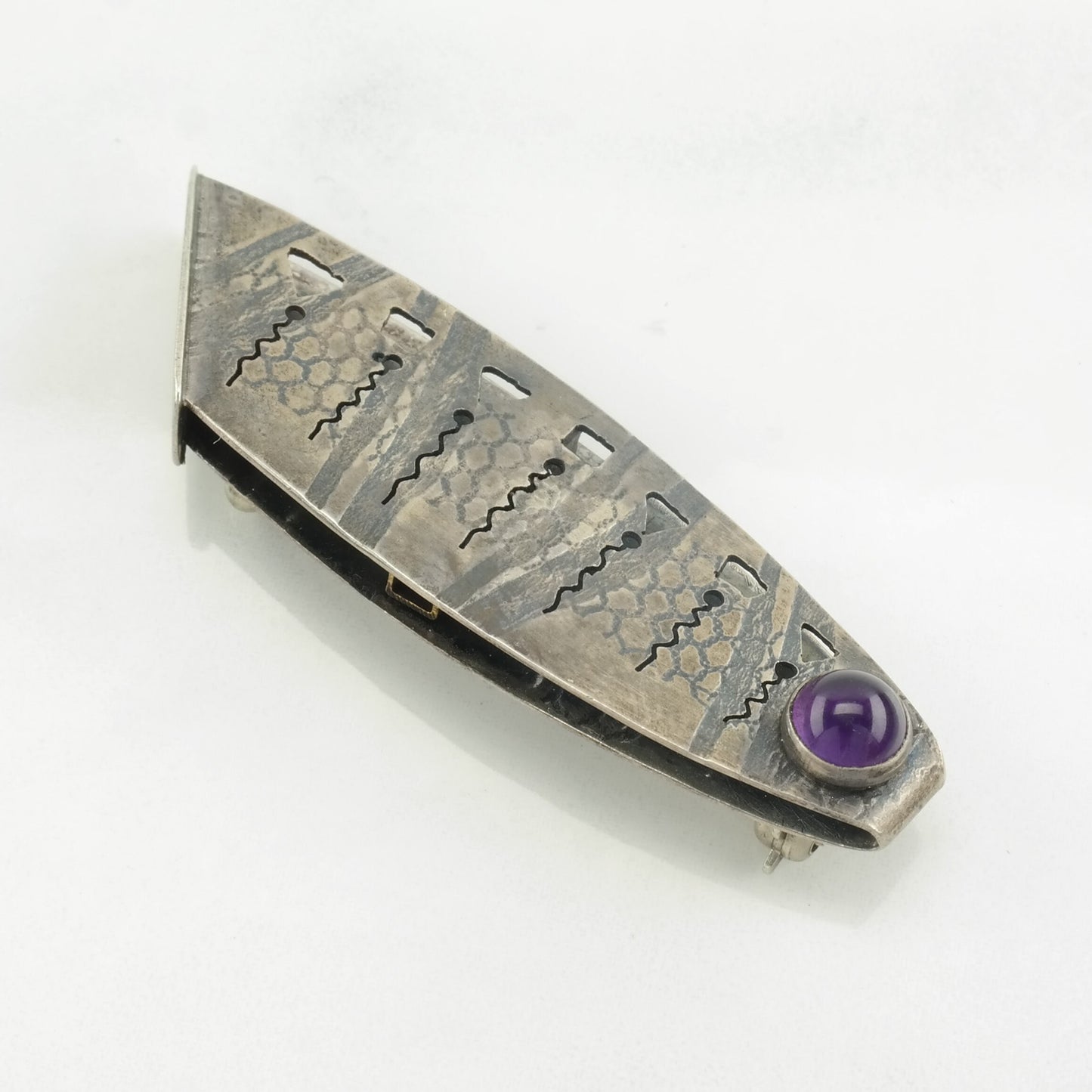 Abstract Sterling Silver Brooch Textured Purple Amethyst Fish