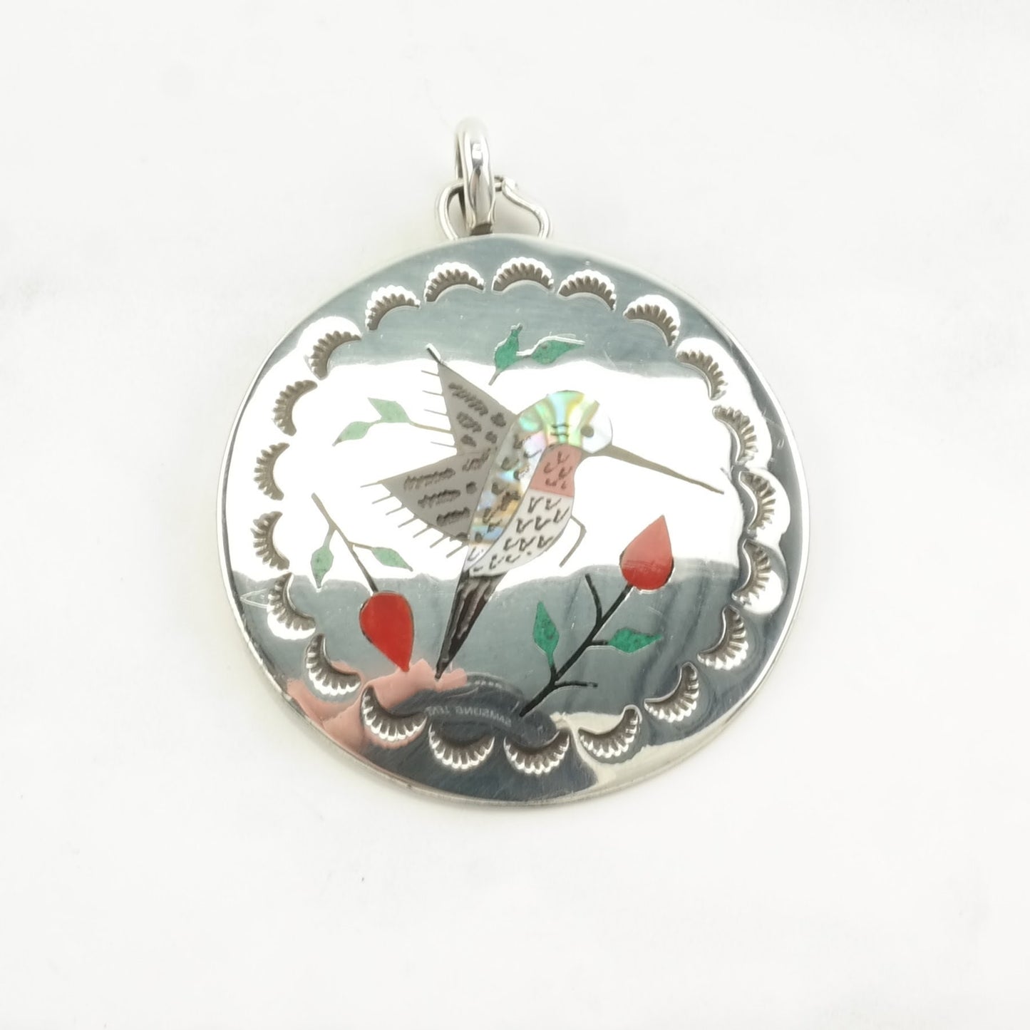 Native American Abalone, Onyx, Coral Inlay, Hummingbird Sterling Silver Pendant