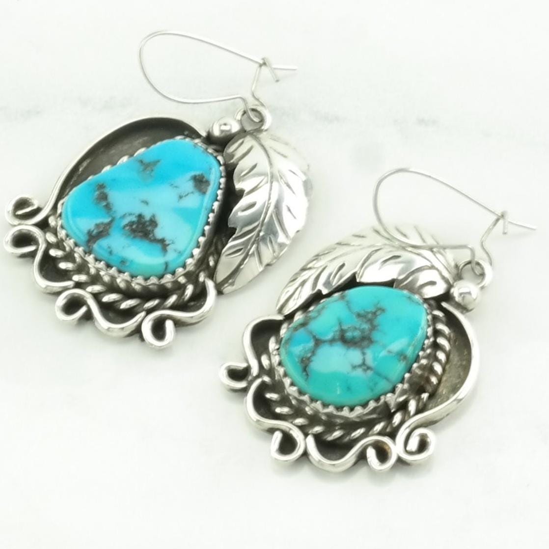 Vintage Sterling Silver Fish Hook/Dangle Earrings Native American Blue Turquoise Leaf