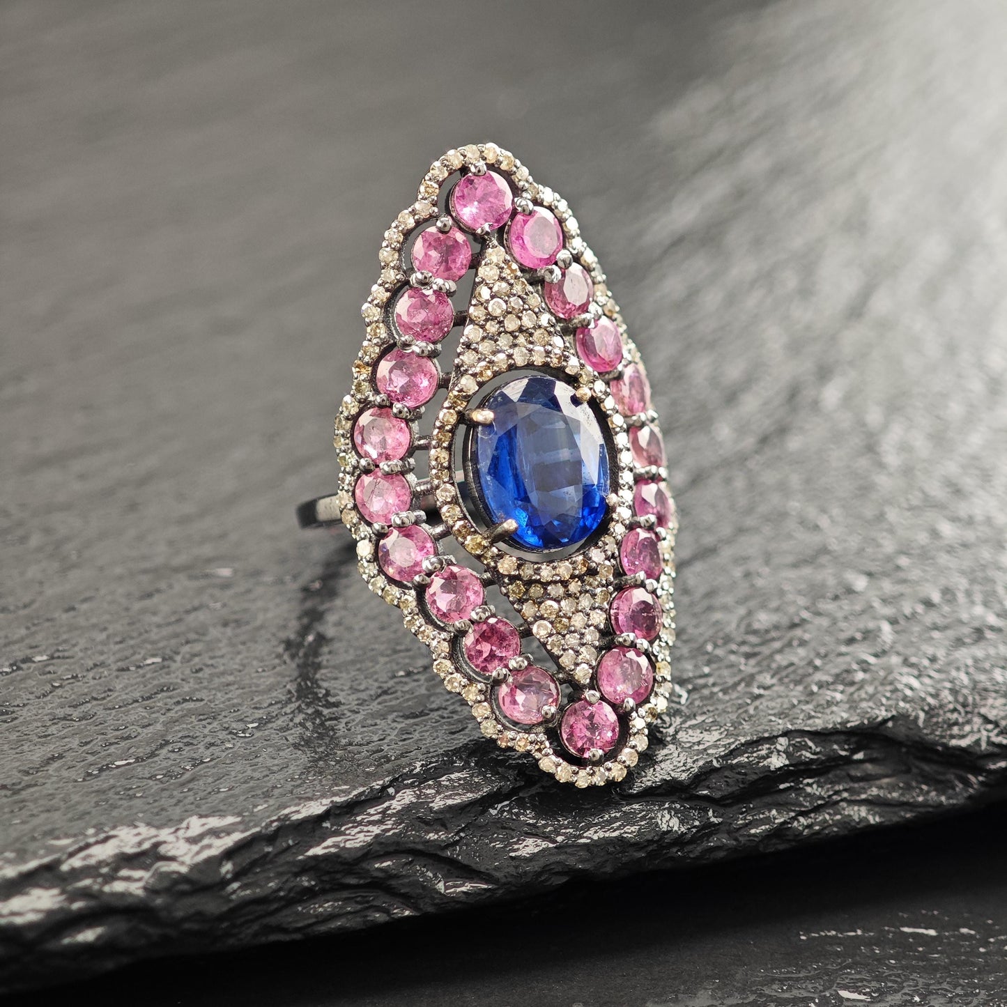 Oxidized Diamond, Sapphire, Tourmaline Ring Sterling Silver R5800